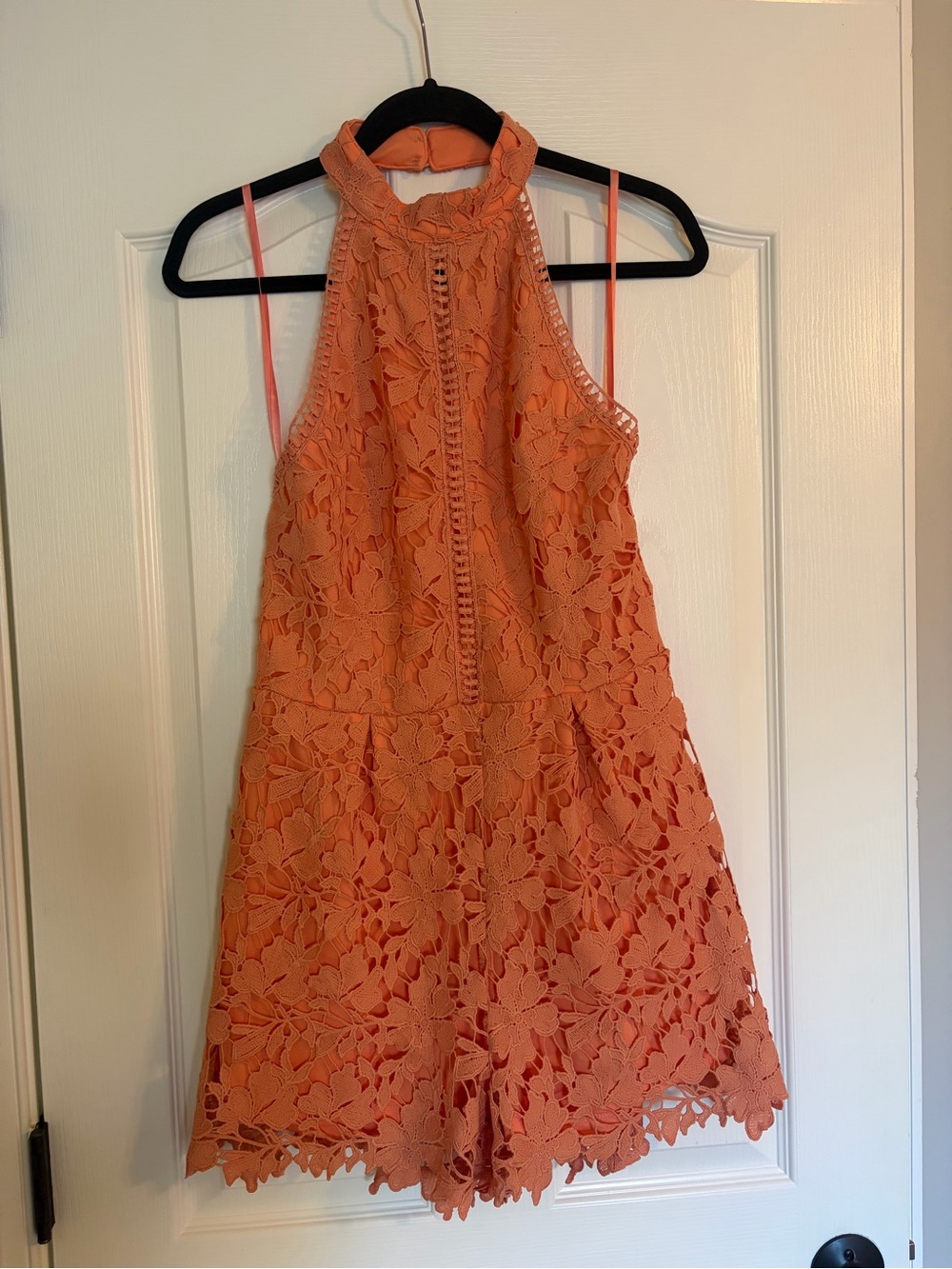 Women’s Orange Lace Halter Backless Romper